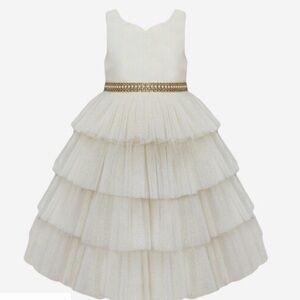 Elegant Off White Tiered Dress with Gold Accents Girls size 7